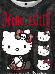 HELLO KITTY AND FRIENDS | SHEIN 大尺碼女款字母卡通印花休閒哥特街頭風日常長袖衛衣，深綠色，適合萬聖節、外出、度假、冬季 - 白色 - 查看 5