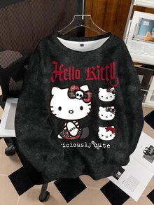 HELLO KITTY AND FRIENDS | SHEIN 大尺碼女款字母卡通印花休閒哥特街頭風日常長袖衛衣，深綠色，適合萬聖節、外出、度假、冬季 - 白色 - 查看 3