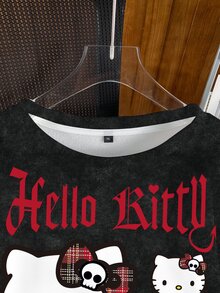 HELLO KITTY AND FRIENDS | SHEIN 大尺碼女款字母卡通印花休閒哥特街頭風日常長袖衛衣，深綠色，適合萬聖節、外出、度假、冬季 - 白色 - 查看 4