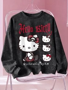 HELLO KITTY AND FRIENDS | SHEIN 大尺碼女款字母卡通印花休閒哥特街頭風日常長袖衛衣，深綠色，適合萬聖節、外出、度假、冬季 - 白色 - 查看 1