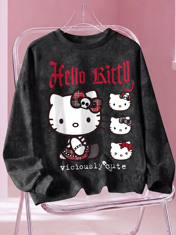 HELLO KITTY AND FRIENDS | SHEIN Sweatshirt Lengan Panjang Kasual untuk Wanita Ukuran Besar dengan Motif Kartun Huruf, Cocok untuk Sehari-hari