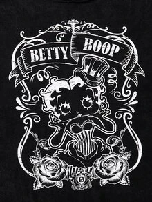 Betty Boop x SHEIN 骷髅头和字母图案不对称领口T恤 - 黑色 - 查看 5