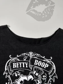 Betty Boop x SHEIN 骷髅头和字母图案不对称领口T恤 - 黑色 - 查看 4