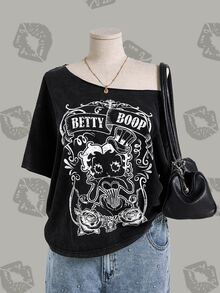 Betty Boop x SHEIN 骷髅头和字母图案不对称领口T恤 - 黑色 - 查看 3