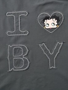 Betty Boop x SHEIN 女士休闲日常字母卡通图案短袖T恤 - 深灰色 - 查看 4