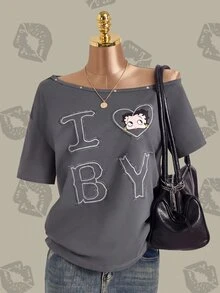 Betty Boop x SHEIN 女士休闲日常字母卡通图案短袖T恤 - 深灰色 - 查看 1