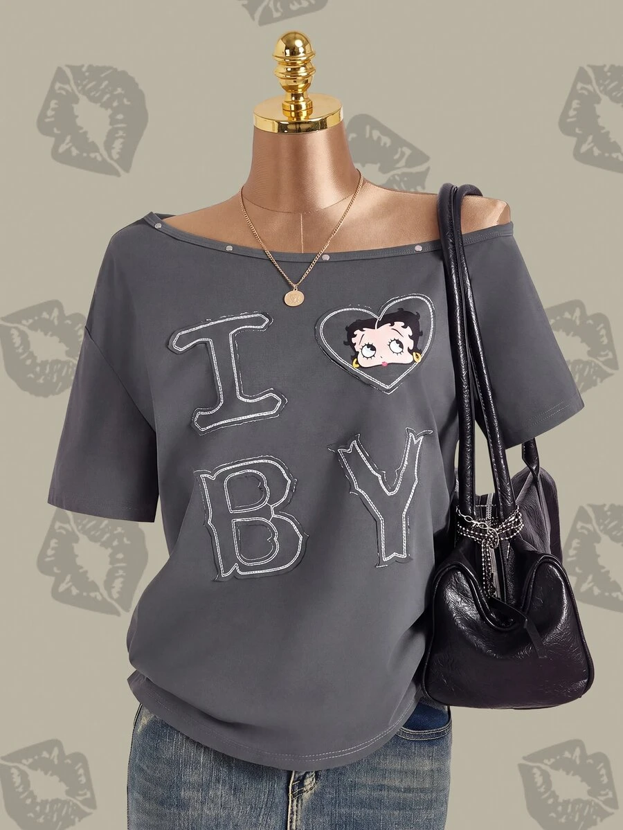 Betty Boop x SHEIN 女士休闲日常字母卡通图案短袖T恤 - 深灰色 - 查看 1