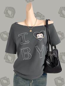 Betty Boop x SHEIN 女士休闲日常字母卡通图案短袖T恤 - 深灰色 - 查看 3