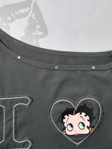 Betty Boop x SHEIN 女士休闲日常字母卡通图案短袖T恤 - 深灰色 - 查看 5