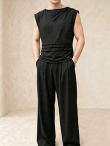 TONEVAULT Men Draped Waist 2 Pieces Set, Valentine Dinner Party Outfit, Wedding Guest Formal Co-Ord, Anniversar - Black - View 1