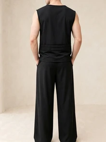 TONEVAULT Men Draped Waist 2 Pieces Set, Valentine Dinner Party Outfit, Wedding Guest Formal Co-Ord, Anniversar - Black - View 2