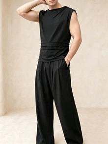 TONEVAULT Men Draped Waist 2 Pieces Set, Valentine Dinner Party Outfit, Wedding Guest Formal Co-Ord, Anniversar - Black - View 5