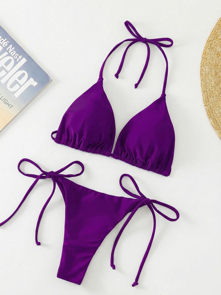 Swim Vcay Solid Color Sexy Strap Bikini Swimwear Set, Beach Wear For Women - Purple - View 6