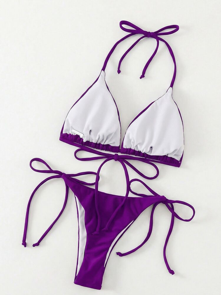 Swim Vcay Solid Color Sexy Strap Bikini Swimwear Set, Beach Wear For Women - Purple - View 4