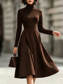 SHEIN Fall Clothes FOR WomenLady's Fine-Woven Elegant Autumn Long Dress - Coffee - View 4