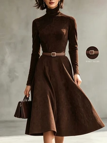 SHEIN Fall Clothes FOR WomenLady's Fine-Woven Elegant Autumn Long Dress - Coffee - View 2