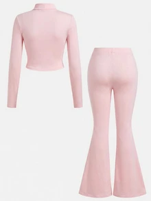 SHEIN Girlism Tween Girl Tween Girl Tween Girl NovaGlow Tween Girl Tween Girl Sporty Casual Daily Knit Solid Color Cardigan Jacket And Flared Pants Set - Pink - View 4