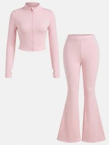 SHEIN Girlism Tween Girl Tween Girl Tween Girl NovaGlow Tween Girl Tween Girl Sporty Casual Daily Knit Solid Color Cardigan Jacket And Flared Pants Set - Pink - View 7