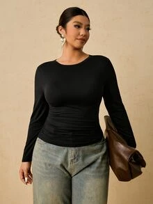 Freevana 大尺碼女款黑色長袖圓領保暖內搭衫，腰部抓皺收腹 T-shirt，秋季休閒俐落羅紋修身上衣 - 黑色 - 查看 4