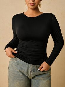 Freevana 大尺碼女款黑色長袖圓領保暖內搭衫，腰部抓皺收腹 T-shirt，秋季休閒俐落羅紋修身上衣 - 黑色 - 查看 8