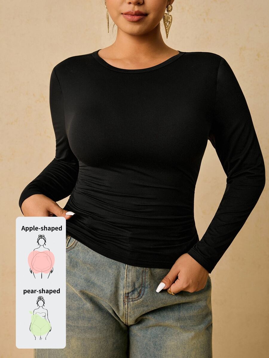 Freevana 大尺碼女款黑色長袖圓領保暖內搭衫,腰部抓皺收腹 T-shirt,秋季休閒俐落羅紋修身上衣 - 黑色 - 查看 1