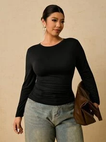 Freevana 大尺碼女款黑色長袖圓領保暖內搭衫，腰部抓皺收腹 T-shirt，秋季休閒俐落羅紋修身上衣 - 黑色 - 查看 5