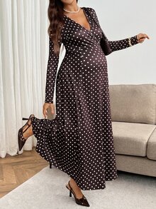 SHEIN Maternity Polka Dot V-Neck Nursing Function Casual Daily Wear Dress - Brown - View 4