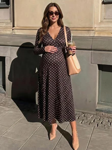 SHEIN Maternity Polka Dot V-Neck Nursing Function Casual Daily Wear Dress - Brown - View 1