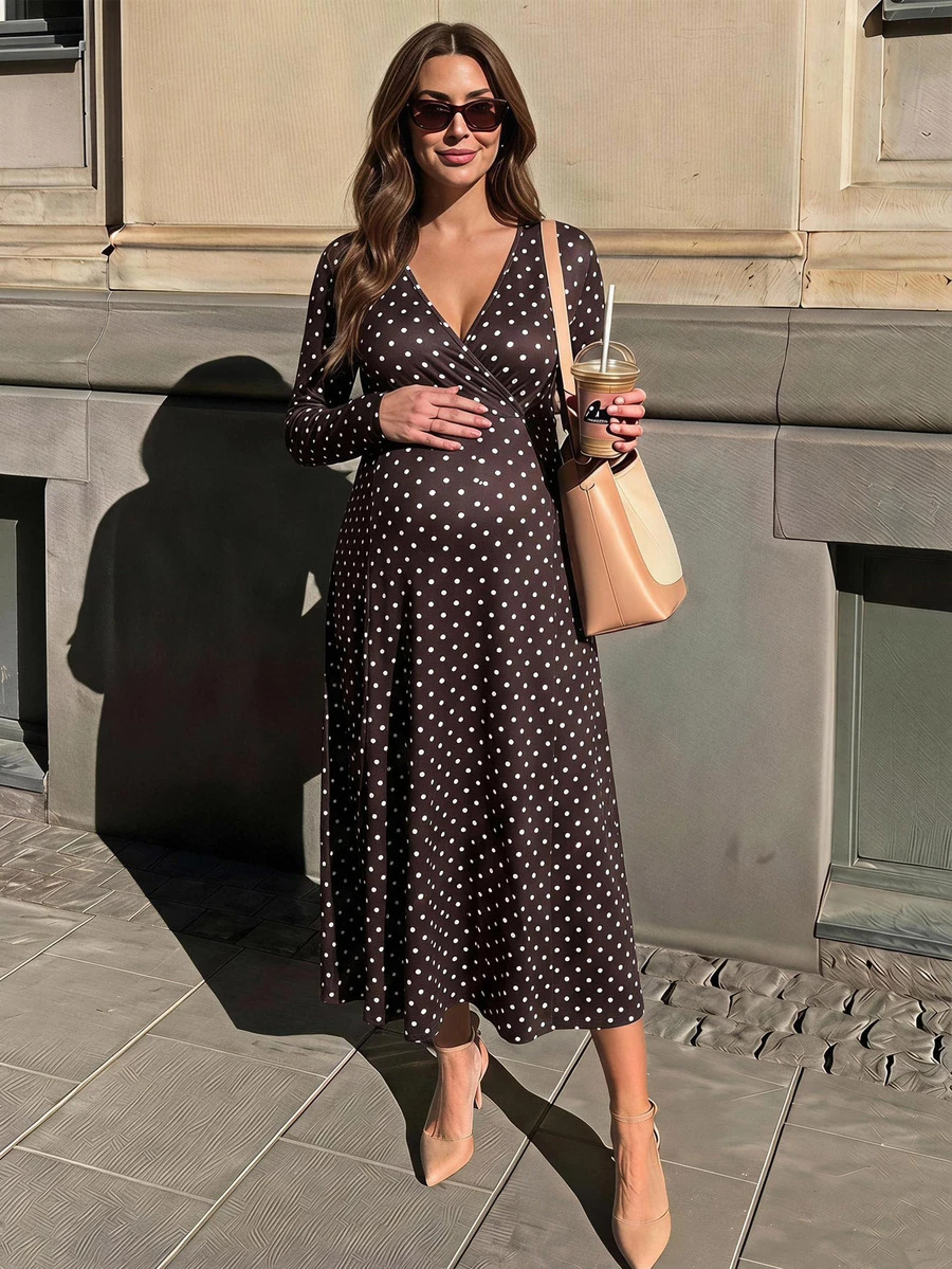 SHEIN Maternity Polka Dot V-Neck Nursing Function Casual Daily Wear Dress - Brown - View 1