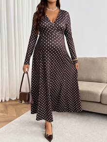 SHEIN Maternity Polka Dot V-Neck Nursing Function Casual Daily Wear Dress - Brown - View 6