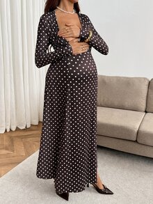 SHEIN Maternity Polka Dot V-Neck Nursing Function Casual Daily Wear Dress - Brown - View 9