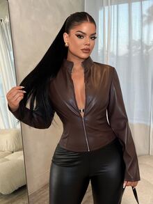 SHEIN SXY 性感修身長袖拉鍊夾克 - 咖啡棕 - 查看 7
