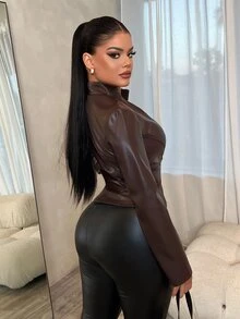 SHEIN SXY 性感修身長袖拉鍊夾克 - 咖啡棕 - 查看 2