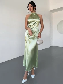Firerie 女士优雅浪漫约会婚礼季连衣裙，派对、聚会、舞会、正式场合长款连衣裙，绿色露背系带A字缎面礼服，春夏连衣裙 - 綠色 - 查看 6
