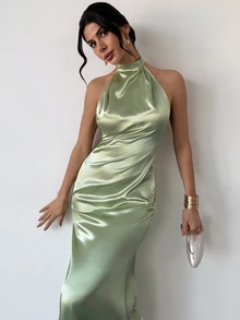Firerie 女士优雅浪漫约会婚礼季连衣裙，派对、聚会、舞会、正式场合长款连衣裙，绿色露背系带A字缎面礼服，春夏连衣裙 - 綠色 - 查看 4