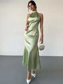 Firerie 女士优雅浪漫约会婚礼季连衣裙，派对、聚会、舞会、正式场合长款连衣裙，绿色露背系带A字缎面礼服，春夏连衣裙 - 綠色 - 查看 7