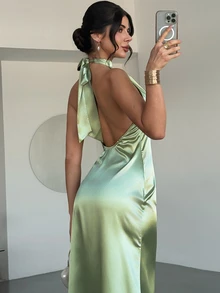 Firerie 女士优雅浪漫约会婚礼季连衣裙，派对、聚会、舞会、正式场合长款连衣裙，绿色露背系带A字缎面礼服，春夏连衣裙 - 綠色 - 查看 10