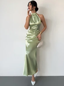 Firerie 女士优雅浪漫约会婚礼季连衣裙，派对、聚会、舞会、正式场合长款连衣裙，绿色露背系带A字缎面礼服，春夏连衣裙 - 綠色 - 查看 3