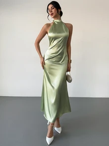 Firerie 女士优雅浪漫约会婚礼季连衣裙，派对、聚会、舞会、正式场合长款连衣裙，绿色露背系带A字缎面礼服，春夏连衣裙 - 綠色 - 查看 9