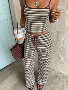 Aloruh 女款休閒居家服棕色條紋細肩帶背心與長褲套裝 - 棕色 - 查看 7