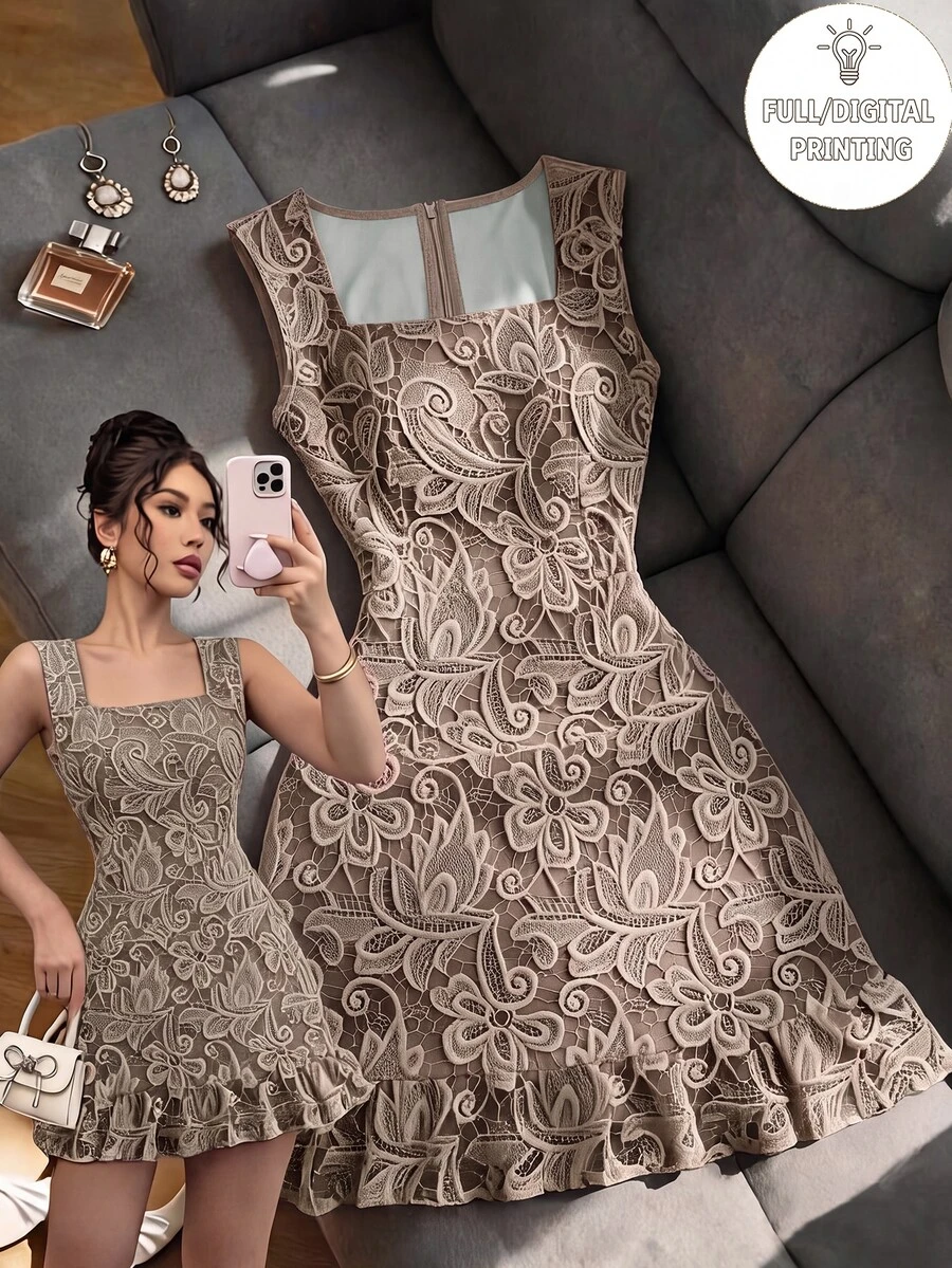SHEIN Franclia 蕾絲 3D 印花方領優雅洋裝,舒適修身,適合日常通勤與工作,2026 夏季新款女款無袖派對晚宴迷你洋裝,白色蕾絲收腰設計 - 深棕色 - 查看 1
