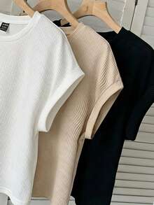 Comfylo 3pcs Plus Size Women Casual Round Neck Raglan Sleeve Short T-Shirts, Suitable For Spring And Summer - Multicolor - View 3