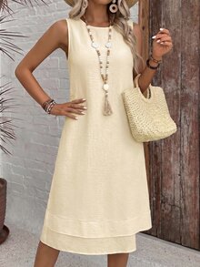 EMERY ROSE Casual Solid Color Round Neck A-Line Summer Dress Vacation Apricot - Apricot - View 2