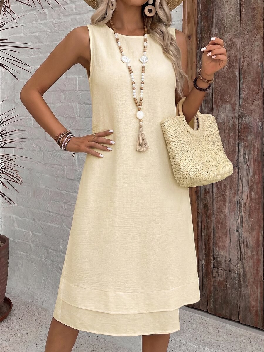 EMERY ROSE Casual Solid Color Round Neck A-Line Summer Dress Vacation Apricot