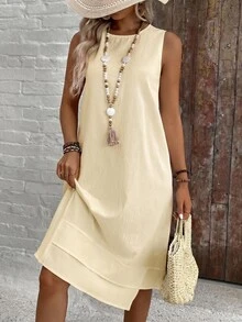 EMERY ROSE Casual Solid Color Round Neck A-Line Summer Dress Vacation Apricot - Apricot - View 3