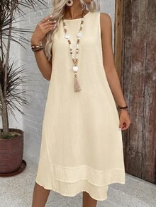 EMERY ROSE Casual Solid Color Round Neck A-Line Summer Dress Vacation Apricot - Apricot - View 6