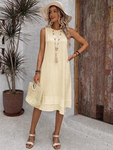 EMERY ROSE Casual Solid Color Round Neck A-Line Summer Dress Vacation Apricot - Apricot - View 5