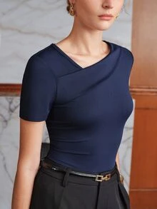 Anewsta Women's Premium Solid Color Asymmetric Neckline Fitted Short Sleeve Bodysuit - Navy Blue - View 2