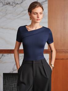 Anewsta Women's Premium Solid Color Asymmetric Neckline Fitted Short Sleeve Bodysuit - Navy Blue - View 6