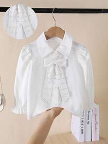 SHEIN 少女仙女牛仔風領口泡泡袖修身純色可拆卸珍珠蝴蝶結休閒襯衫，秋季教師節白色 - 白色 - 查看 3